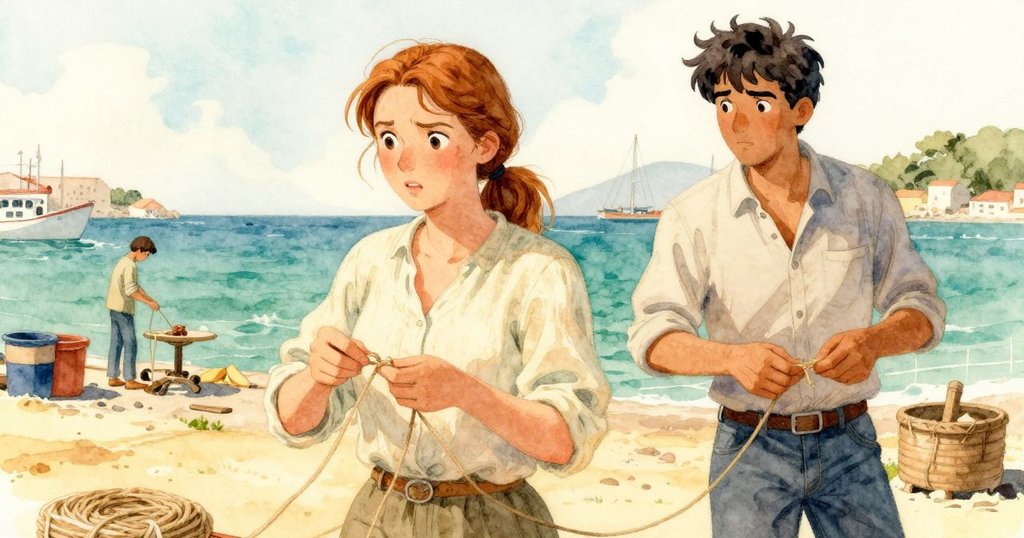 Poppy在前景中專注編織繩網，背景見到遠處的海面及Hugo整理繩索，畫面層次分明，充滿暖意