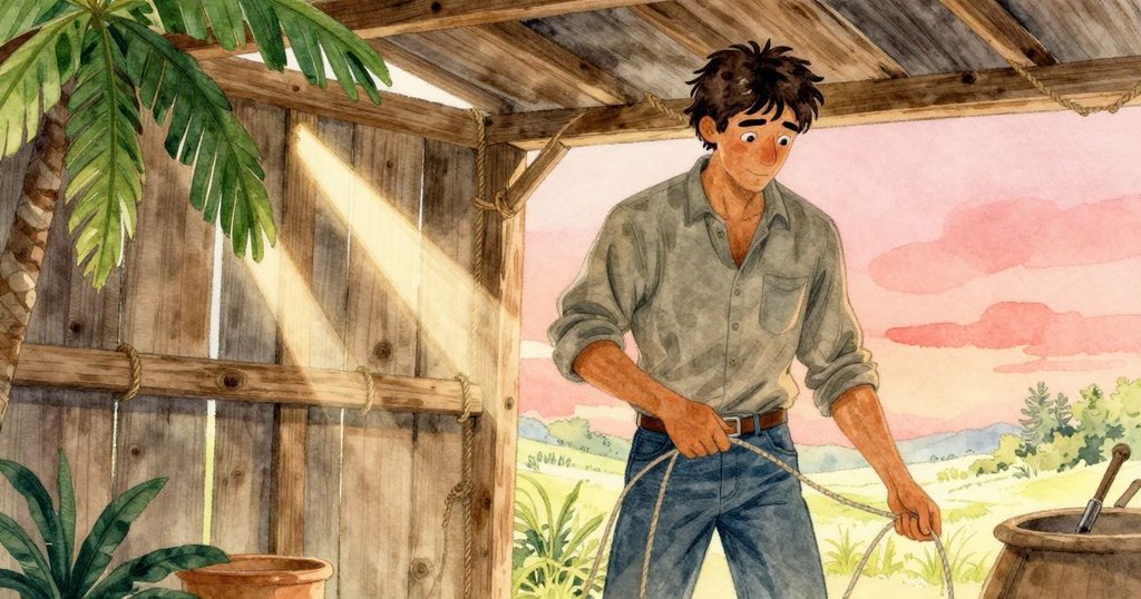 Hugo在繩棚內細心整理備用繩索，陽光斑駁灑落，木板細節豐富，營造出隱密而溫暖的氣氛