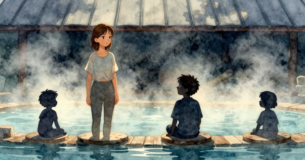 塞琳與芬恩站在熱泉木盤上等待，背景有淡蒸氣形成的屋頂，光線柔和，兩人神情專注