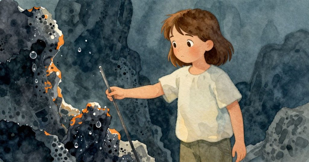 塞琳正伸手取下嵌在礦物脊間的細鐵棒，鐵棒上的閃亮刮痕和水珠細節清晰