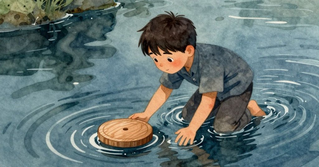 芬恩從岩縫後專注看著木盤在緩流中滑動，水中的旋渦與礦物紋理營造出神秘氛圍