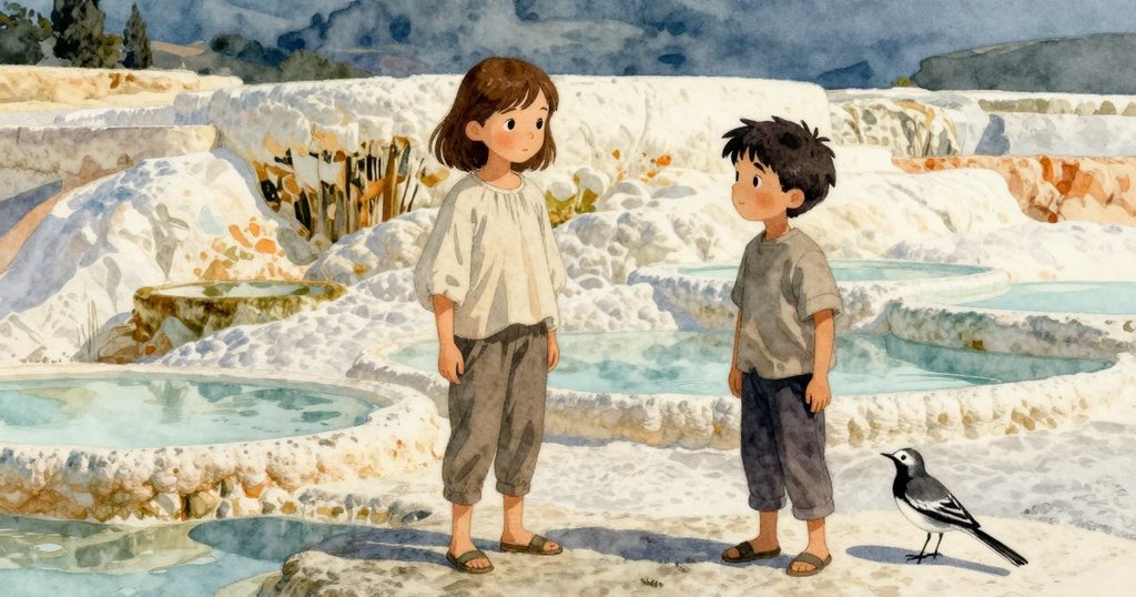 一隻鹡鴴降落在暖色石灰華上，礦物露台上活躍巡邏，背景中塞琳與芬恩在陽光下繼續工作