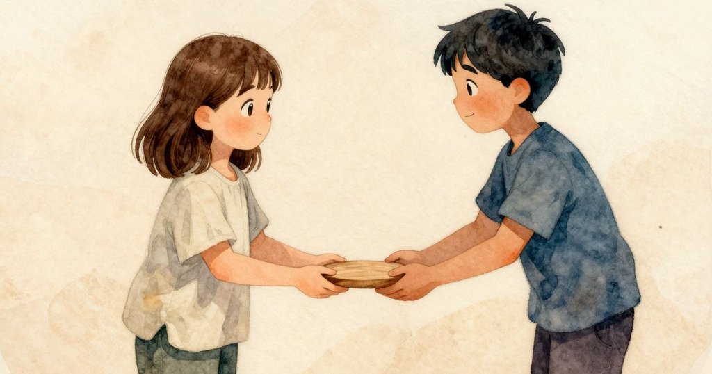 芬恩輕輕將木盤遞向塞琳，兩人在溫暖石灰華與蒸氣中默契交流，表情溫柔而真摯