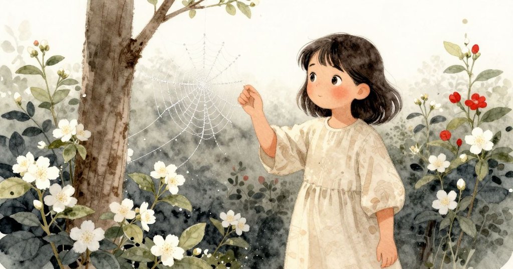 芬娜站在雪松柱旁，注視著充滿露水的蜘蛛網與盛開的茉莉灌木，表情充滿好奇與寧靜