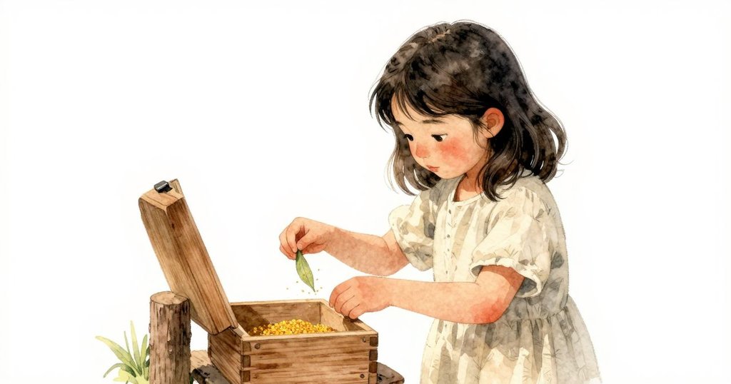 芬娜發現並打開一個古老木盒，裡面露出帶有金黃色花粉的樹葉，神情充滿驚奇與溫暖