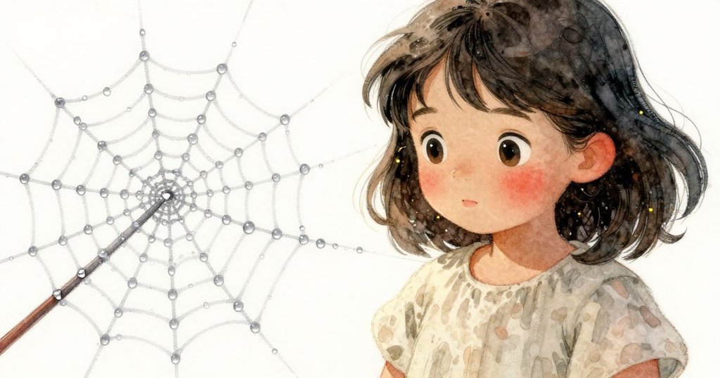 近距離觀看充滿露珠的蜘蛛網，細節扭曲呈現微小滴珠與黃色塵埃，芬娜伸手輕觸，充滿神秘感