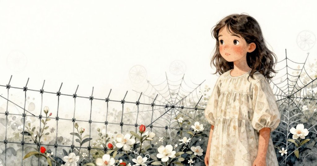 充滿夢幻氛圍的超現實場景，藤條、茉莉灌木和蜘蛛網交織成難以理解的幾何圖案，芬娜若隱若現