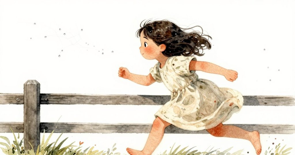 芬娜快速側身沿著籬笆奔跑，露珠與蜘蛛網隨風輕舞，神情充滿急促與驚奇，動感十足