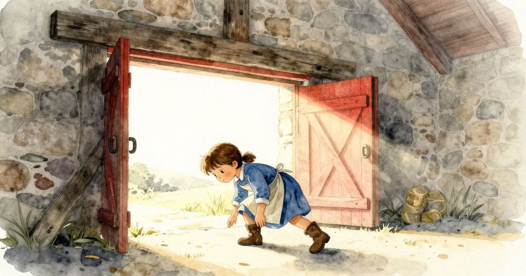 聖拉彎腰進入老磨坊，刷著泥濘的靴子，透過低矮門檻進入充滿金光與神秘氣氛的場景