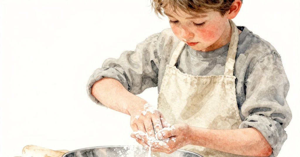 裘德專注地用布袋圍裙擦拭雙手上的麵粉，細緻呈現磨坊內溫暖光線與粉塵動態