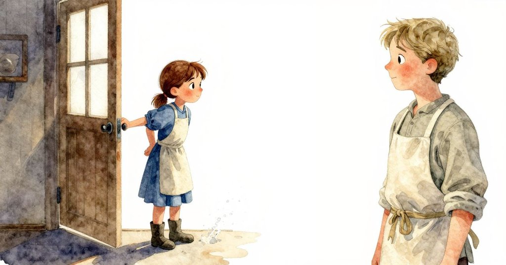 聖拉與裘德站在開放門邊凝望外面，光影交錯中水花飛濺呈現出磨坊內外對比的動態景象