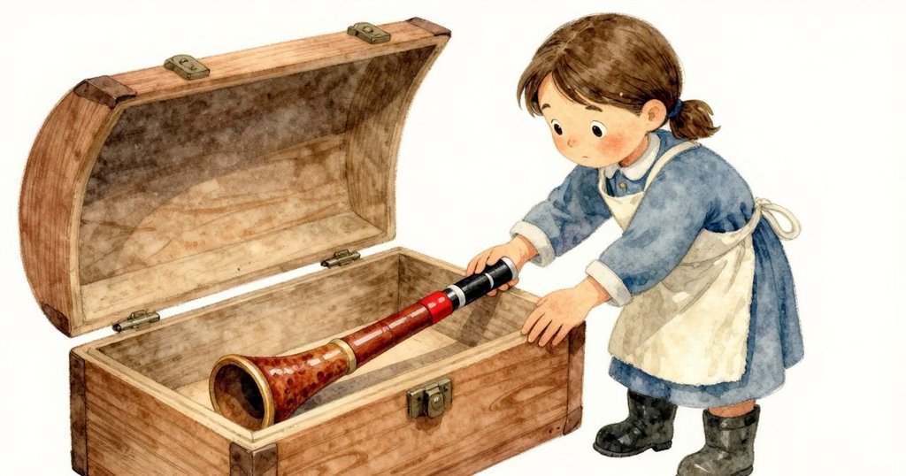 聖拉輕輕掀開木盒蓋，展現內部用蜂蜜色蠟密封的蘆管，細膩的麵粉塵與溫暖光線交織呈現神秘感