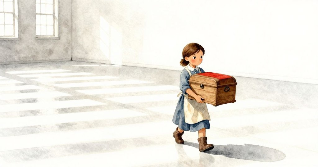 聖拉肩挑木盒穿過寬闊磨坊，伴隨著石與水的節奏，背景光影交錯展現出精緻而廣闊的內部空間