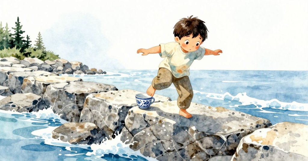 奎因在潮牆上平衡，旁邊擺放著充滿沙粒的瓷杯，環境有石塊和苔蘚，表情專注