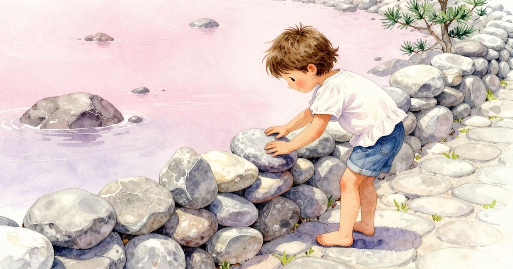 布萊斯走在潮牆上，仔細檢查石塊排列，穿越落日光影和濕潤石面，表情專注