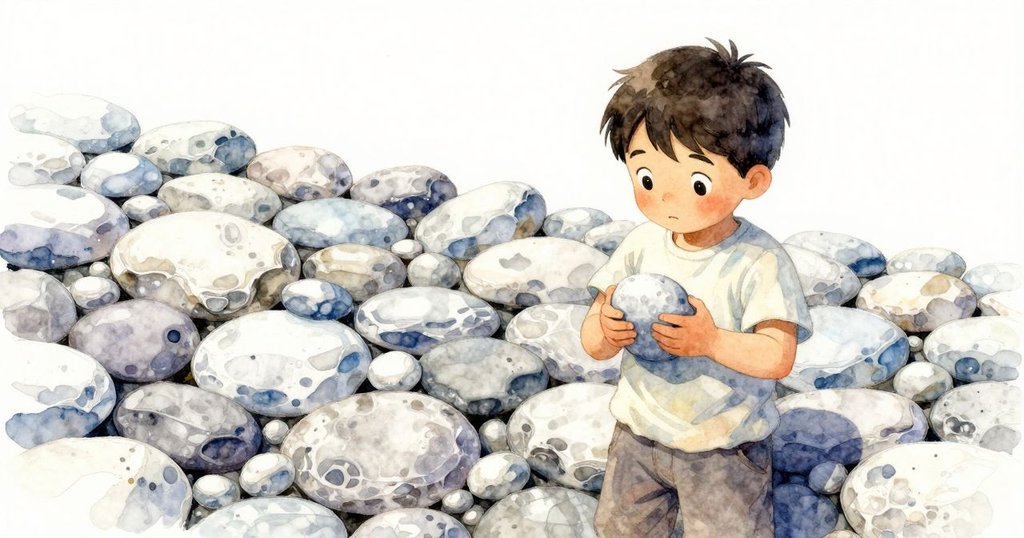 奎因緊抱著光滑的替換石塊，專注臉龐顯示決心，置身於濕潤潮牆上和石堆之中