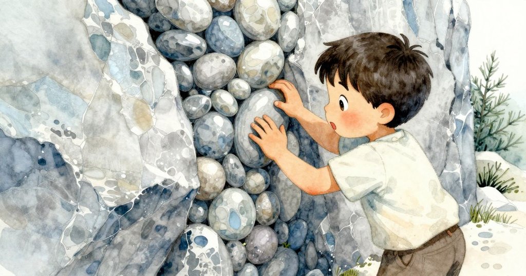 奎因用手小心推壓光滑球形石塊進入潮牆縫隙，石塊輕微搖晃，專注神情充滿緊張感