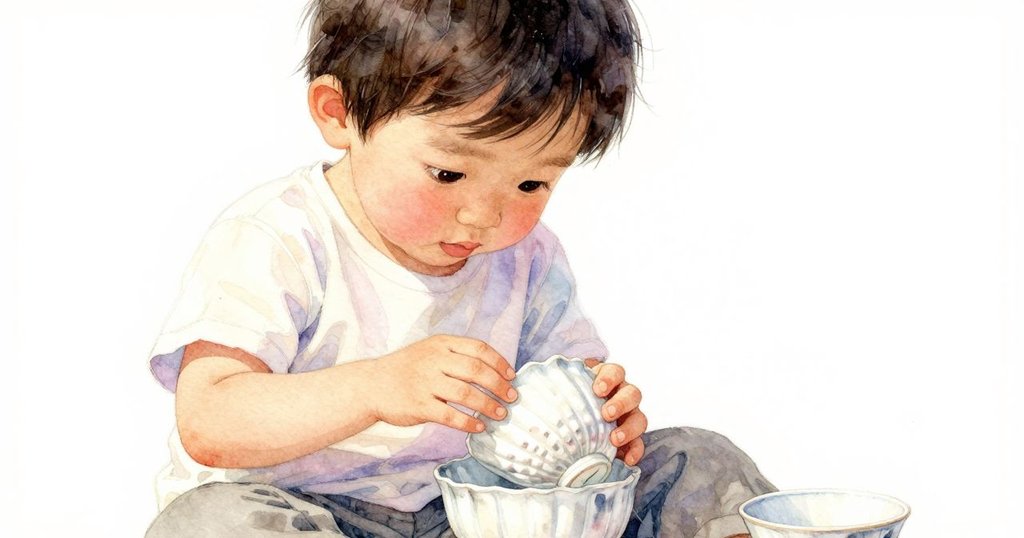 奎因舉起瓷杯，仔細觀察杯底精緻螺旋紋路，臉上流露出驚奇與好奇，背景隱約見潮牆