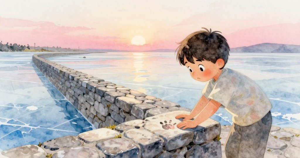 奎因站在潮牆前，滿足地用手觸摸溫暖平整的石塊，夕陽餘暉映照牆面，呈現安靜成功的景象