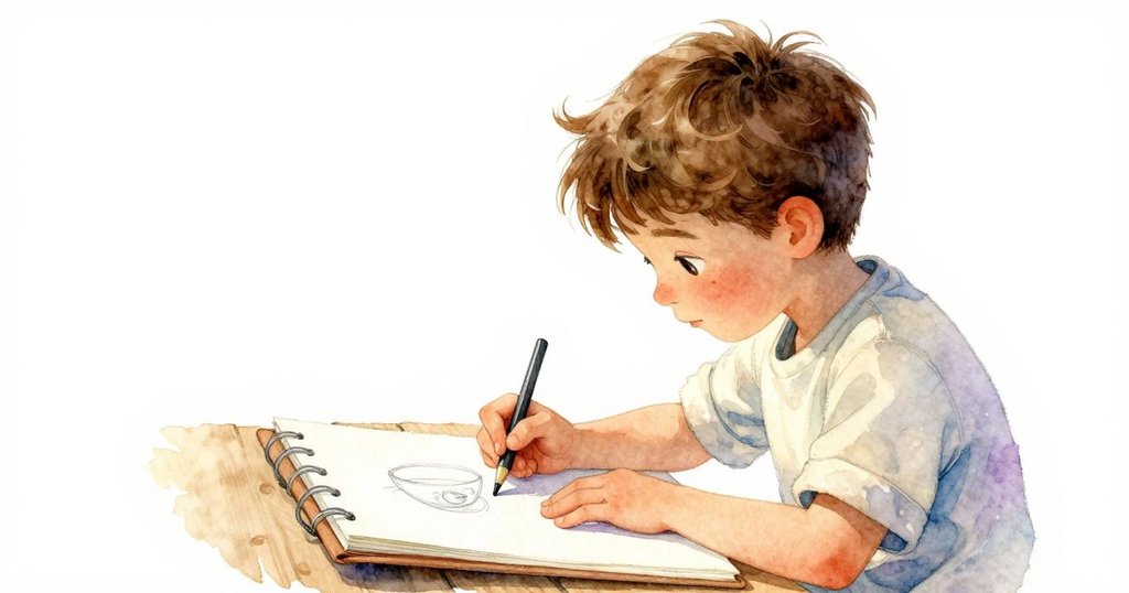 Selwyn在工作室內專注描畫冷卻碗，手握鉛筆動作流暢，背景爐火光線柔和，展現專注與創造力