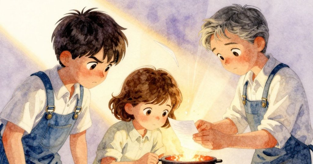 微風中一張散落的紙片靠近爐火漂浮，溫暖光線與柔和陰影交織，呈現出神秘而夢幻的瞬間