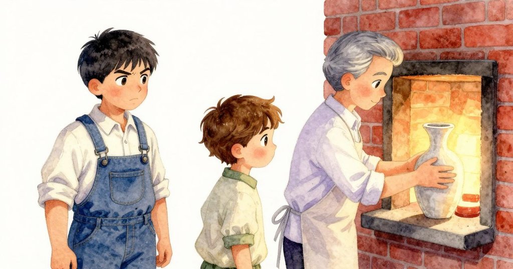 完成的花瓶安置於退火爐內，柔和光線映照磚牆與鋼面，呈現工坊內創作結束後的寧靜與滿足