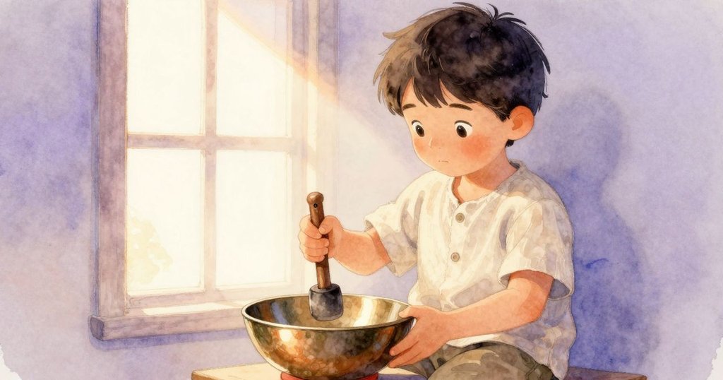 Jethro專注地用皮槌輕敲銅碗邊緣，表情沉靜，細膩光影映襯下動作流暢，充滿期待感