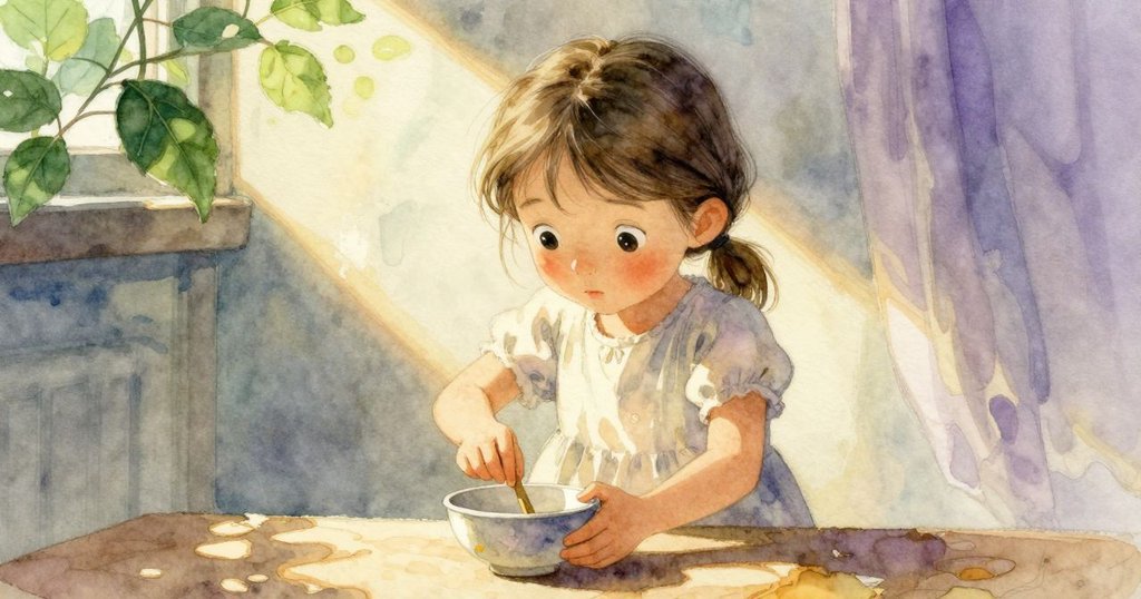 Kit在陽光透過窗簾形成的光柱下擺放小碗，以輕巧槌子敲擊，神情充滿好奇與專注