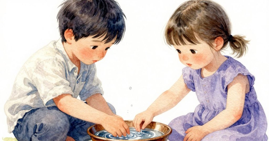 Jethro手指輕觸銅碗中水面，水波依次展開形成環狀漣漪，光影柔美動人，細節清晰