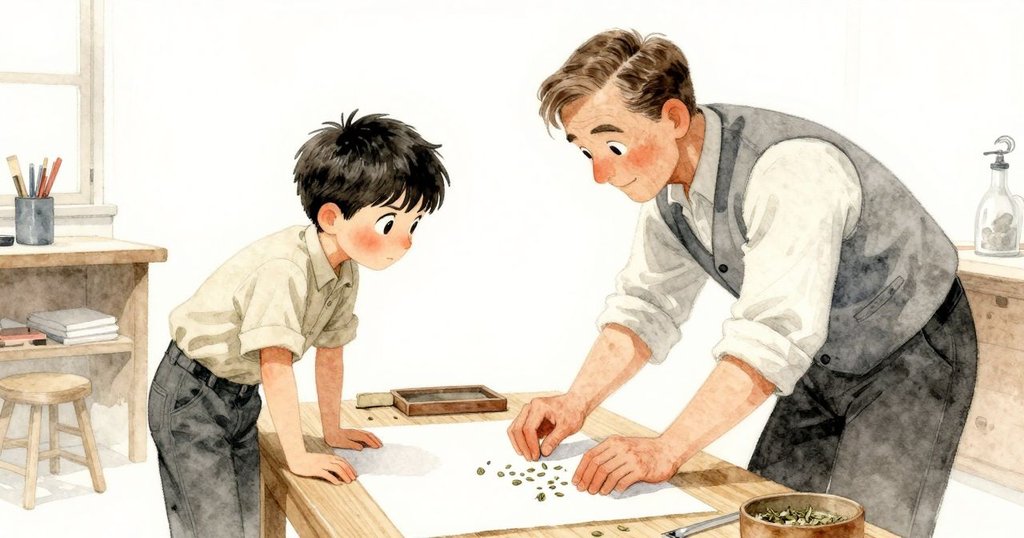 Luke在門口觀察Jonas放落柑橘精華, 工作室內溫暖燈光, 神情好奇與專注, 呈現故事開端