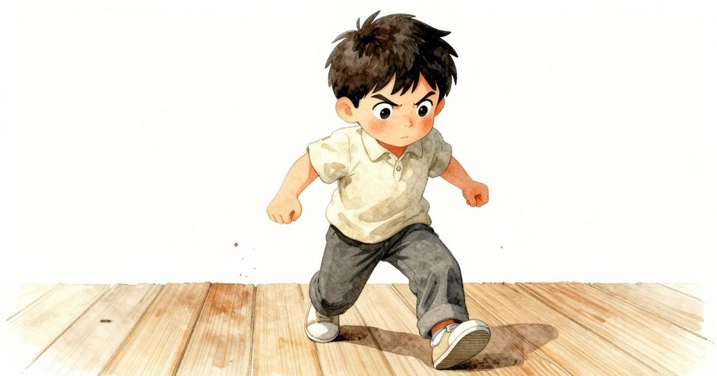 Luke大步踏入工作間, 臉上展現堅定神情, 地板微鳴響, 低角度視角傳達故事轉折