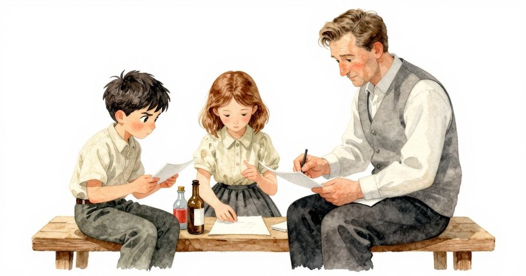 從高處俯視工作台, 展現Olyvia寫筆記, Luke操作瓶子, Jonas試香, 呈現忙碌有序的工作場景