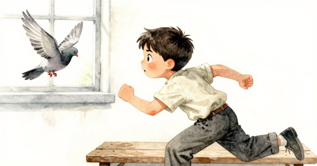 Luke動態後退離開工作台, 背景窗外鴿子輕舞, 呈現苦澀與蜜香交織的瞬間, 表情略顯動感