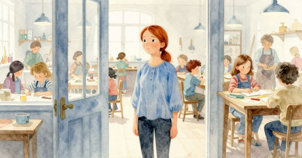 珍妮特站在工作室門口觀察運作中的機器，背景中有忙碌工人和活躍的打孔裝置，表情充滿好奇