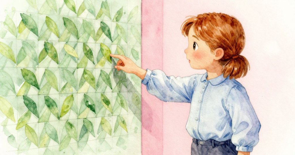 珍妮特靠近機器，輕觸打孔卡片，背景中織布機正織出細緻葉形圖案，神情專注