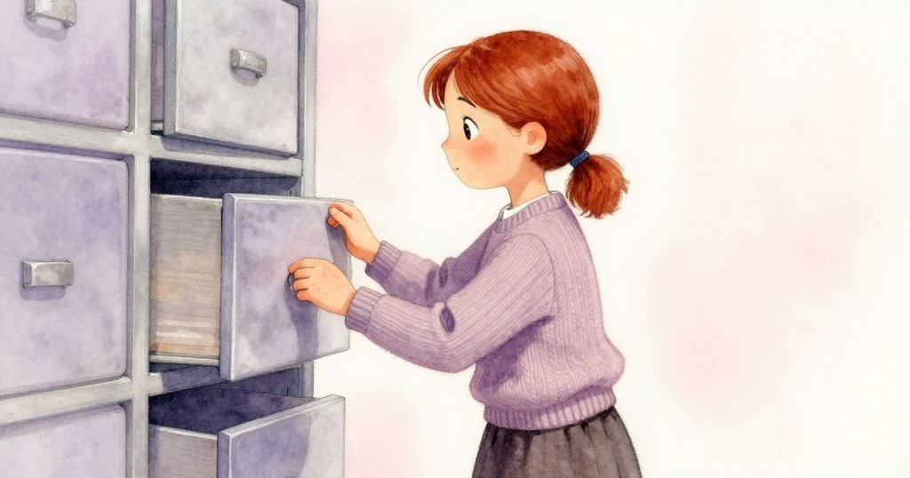 維拉從抽屜中取出打孔卡片，低角度仰視展現專注神情，背景透露溫暖的工作室氛圍