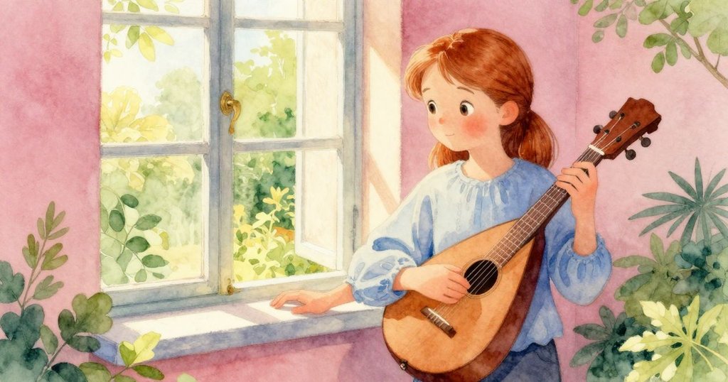 珍妮特走向窗台輕觸靜置琴，窗外綠意盎然，陽光灑落整個場景，氛圍溫暖融洽