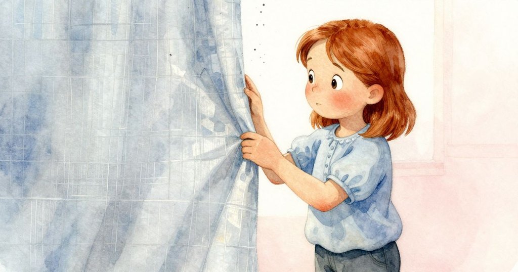 珍妮特發現織布缺漏，紙塵緩緩落下，表情中既有擔憂又有堅定，正更換線軸