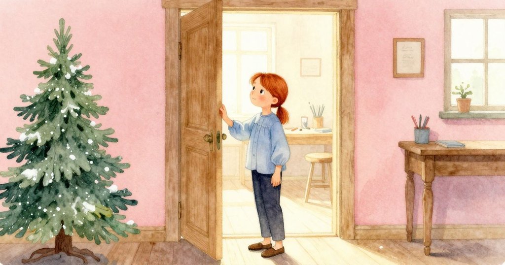 珍妮特退回到門口，輕輕觸摸橡木溝痕，背景中機器持續低鳴，整體畫面寧靜溫馨