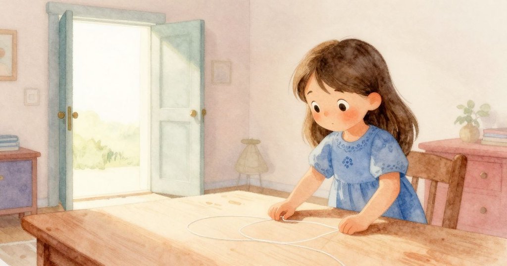 烏拉在室內溫暖桌邊操作絲線，背景有柔和晨光從半開門進入，現場充滿期待與細節。