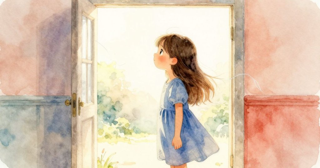 透過半敞門戶射入的亮光照亮懸浮絲線，烏拉從背後調整細節，呈現室內外光影和諧過渡的景象。