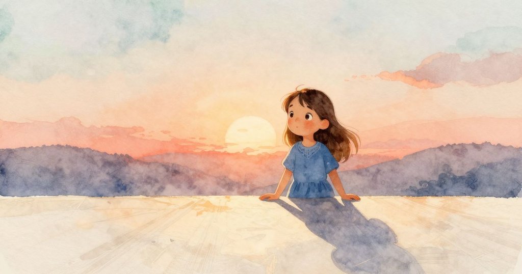 黃昏時刻，烏拉在溫暖室內靜坐觀察桌布上延伸的暗影，雙手濕潤觸摸絲線，展現寧靜與思索。