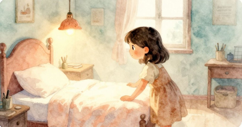 塔蒂亞娜站在工作室門口觀看發光的印刷床，神情期待，燈光柔和照亮室內古老木地板