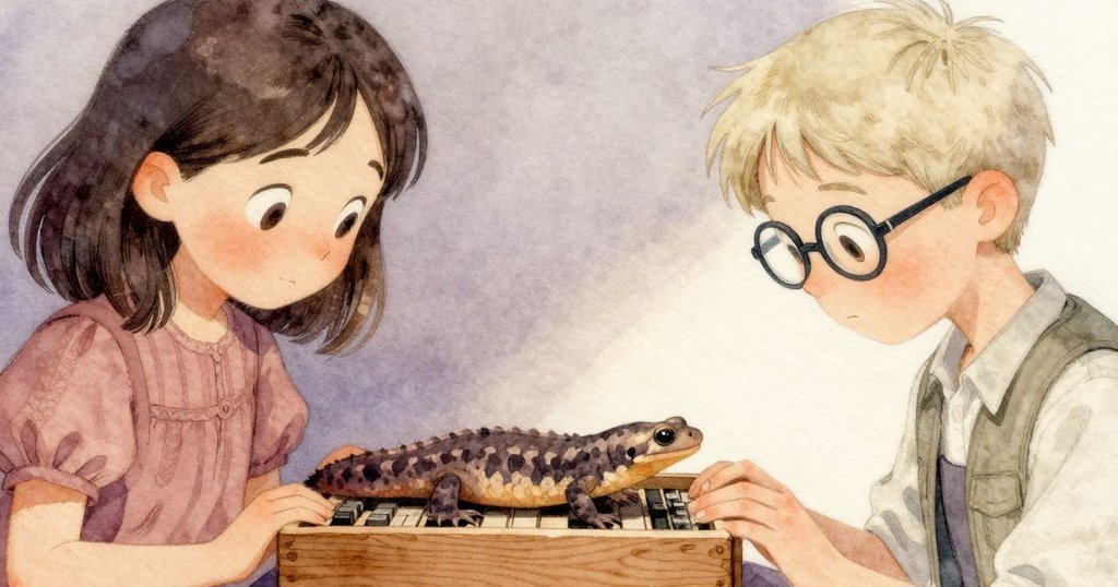 近距離拍攝中，新鮮斑點蝾螈安靜臥於木製活字盒間，木材紋理細膩，光線柔和