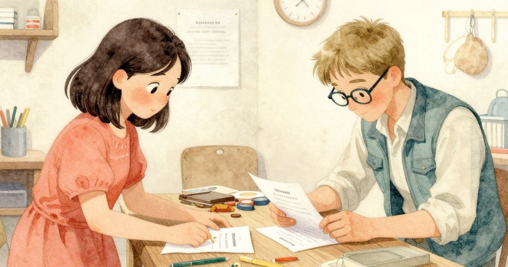 工作室內分屏畫面，一邊是專注調整字母的喬納斯，一邊是塔蒂亞娜用紙張量距離，神情細緻