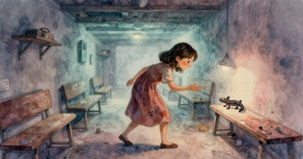 塔蒂亞娜於變幻莫測的工作室內，小心探索狹窄通道，低矮天花板與傾斜幾何交錯，目光鎖定蝾螈