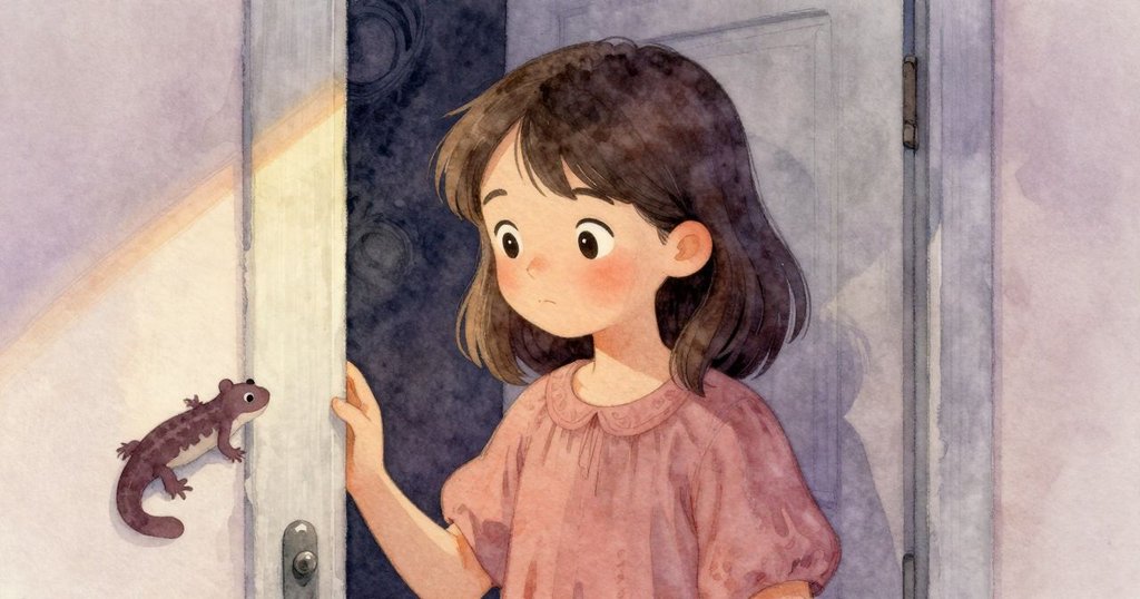 塔蒂亞娜靜立於門口沉思，柔和燈光映衬臉龐，新蠑螈安然盤踞旁邊，氛圍寧靜溫柔