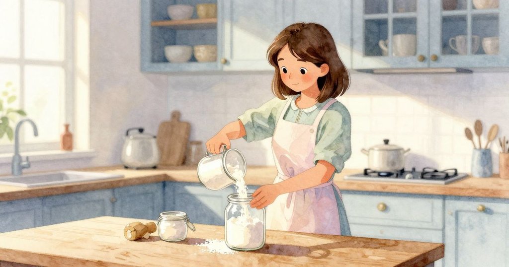 莉奧拉在溫馨廚房內倒麵粉入玻璃罐，光線明暗交錯，專注神情展現轉化魔力