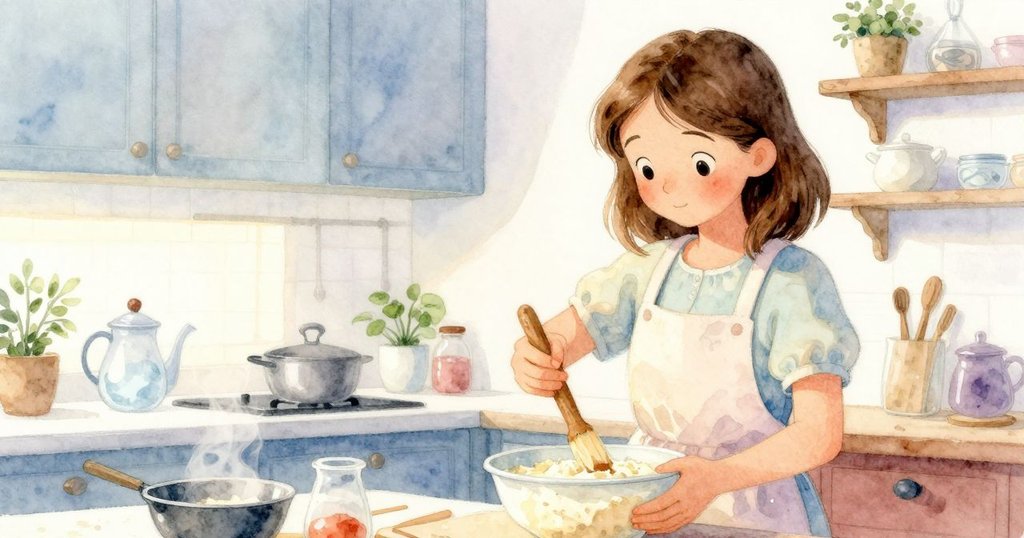 莉奧拉從低角度展示攪拌發酵劑動作，晨光映照手腕，專注而堅毅，細節豐富