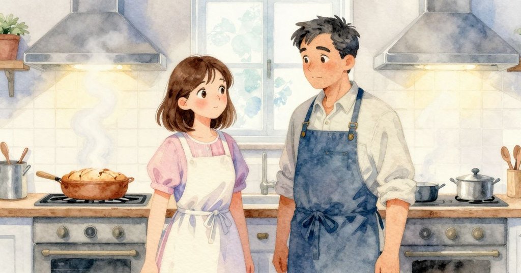 廚房內溫暖燈光籠罩下，烤箱中麵包微裂，蒸氣從玻璃門輕逸而出，氛圍柔和